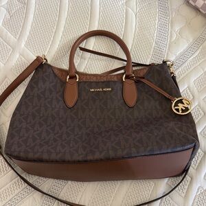 Michael Kors Brown Monogram Satchel with Gold Charm